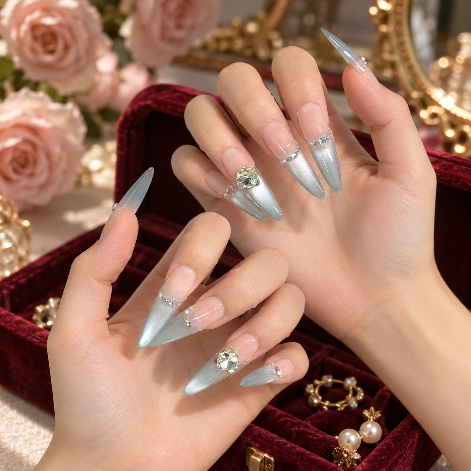 Silver Crystal French Tip Long Press-On Nails — product view 3
