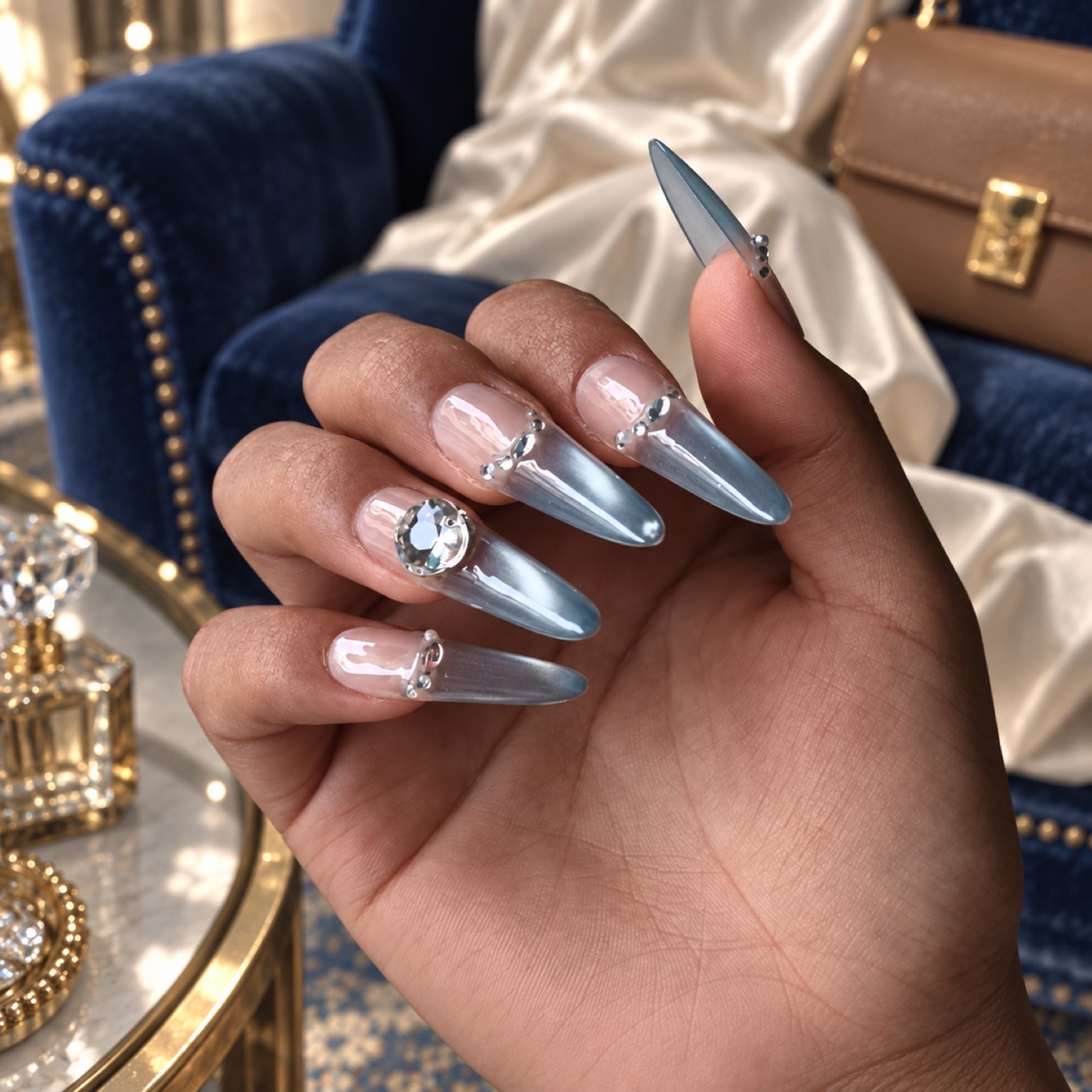 Silver Crystal French Tip Long Press-On Nails — product view 4