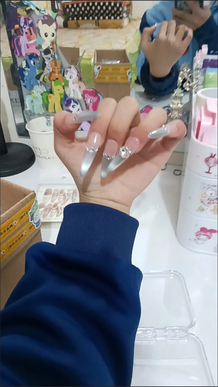 Silver Crystal French Tip Long Press-On Nails — customer review photo