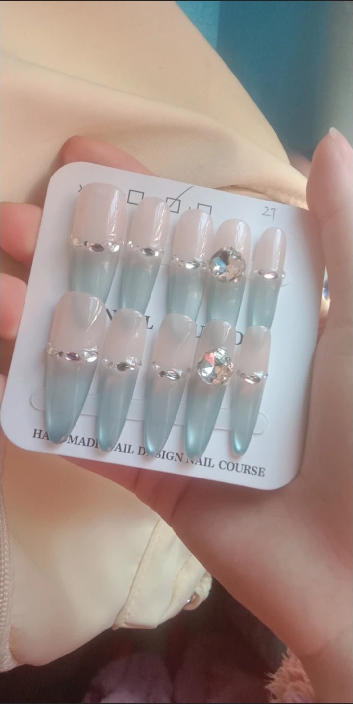 Silver Crystal French Tip Long Press-On Nails — customer review photo