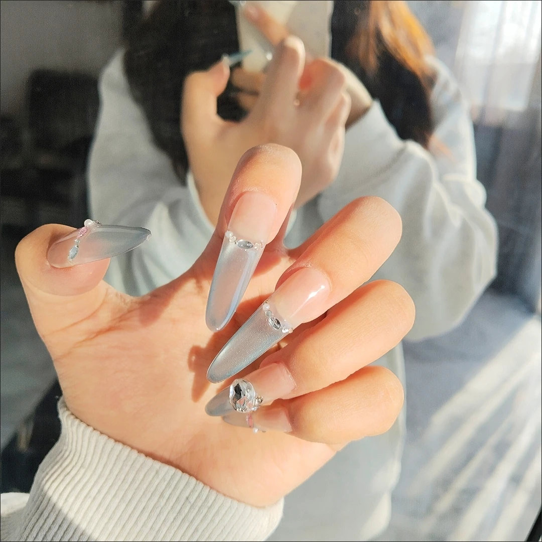 Silver Crystal French Tip Long Press-On Nails — customer review photo