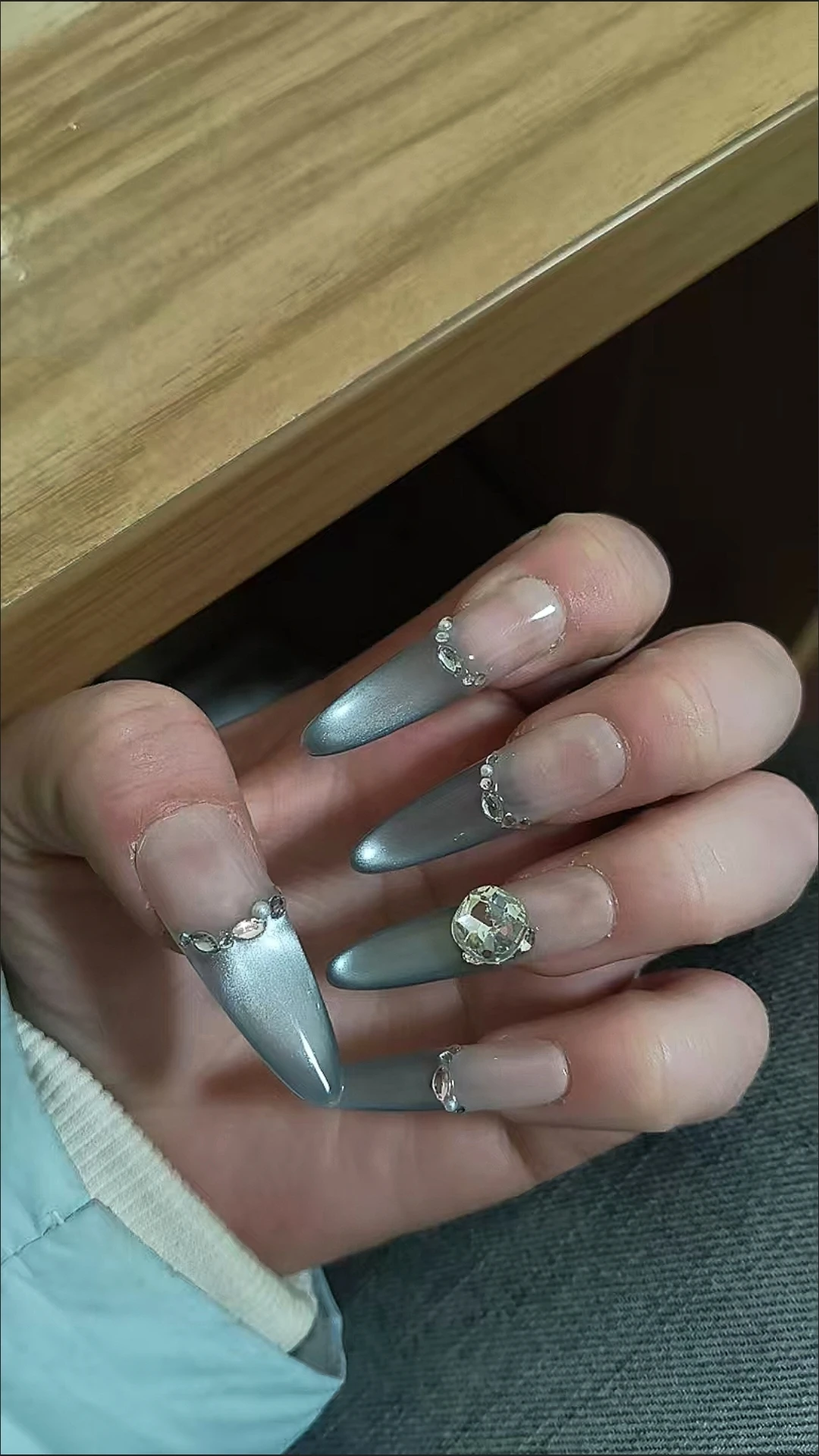 Silver Crystal French Tip Long Press-On Nails — customer review photo