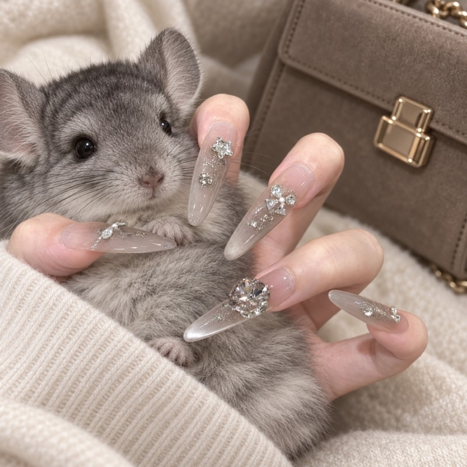 Taupe Crystal Ombre Long Press-On Nails — product view 4