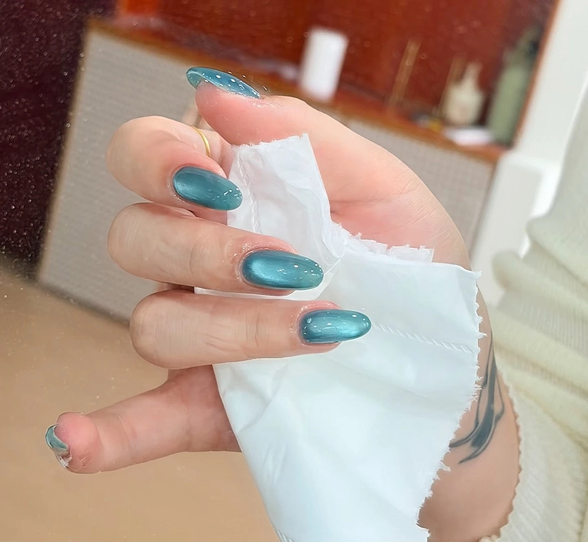 Teal Cat Eye Square Press-On Toenails — customer review photo