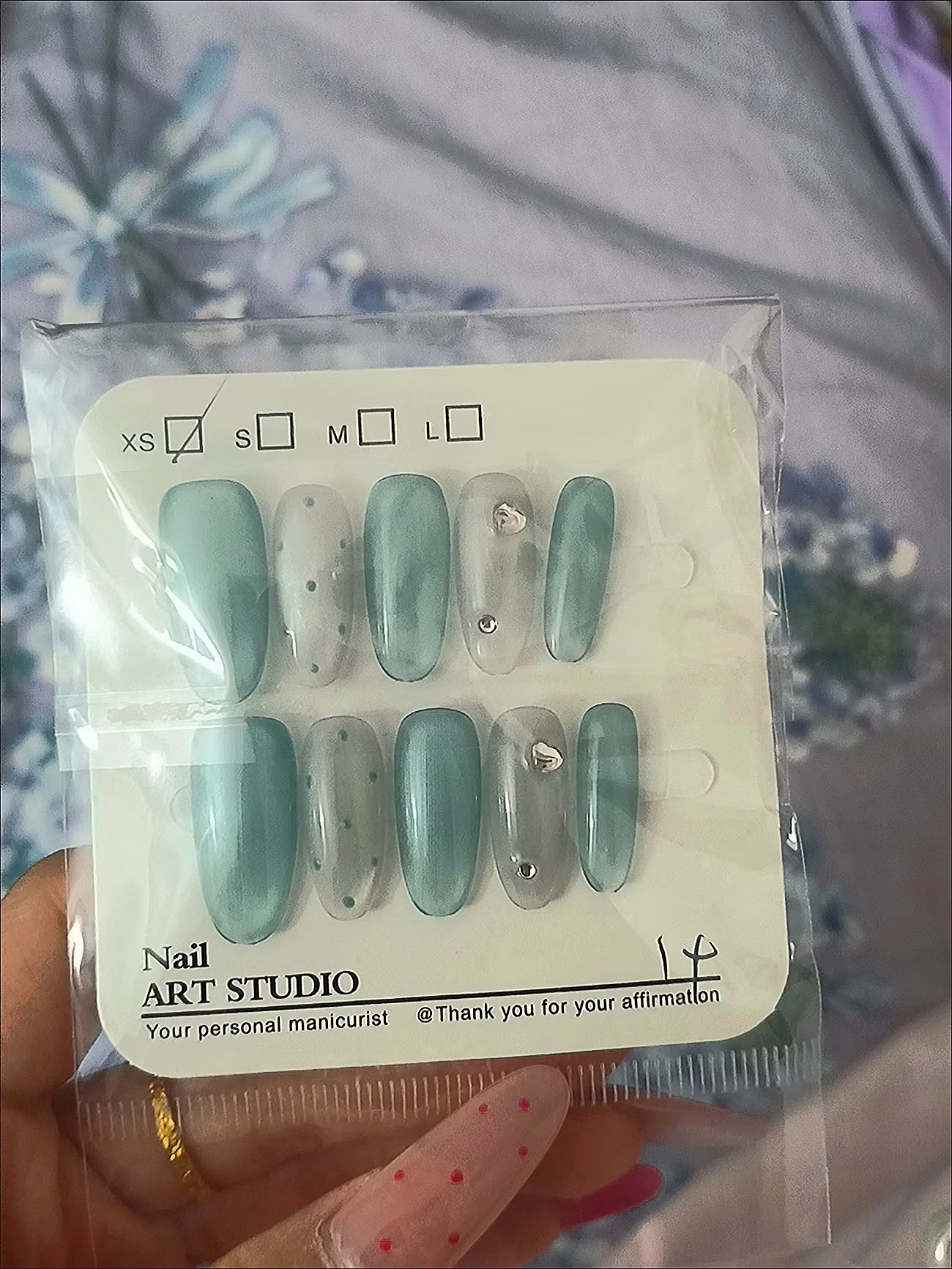 Teal Polka Dot Cat Eye Medium-Length Press-On Nails — customer review photo