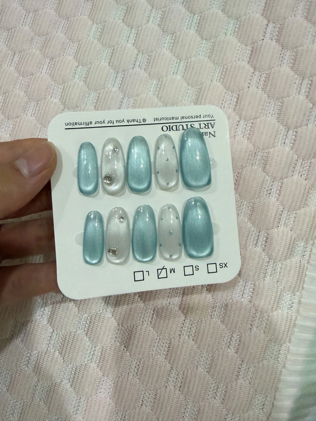 Teal Polka Dot Cat Eye Medium-Length Press-On Nails — customer review photo