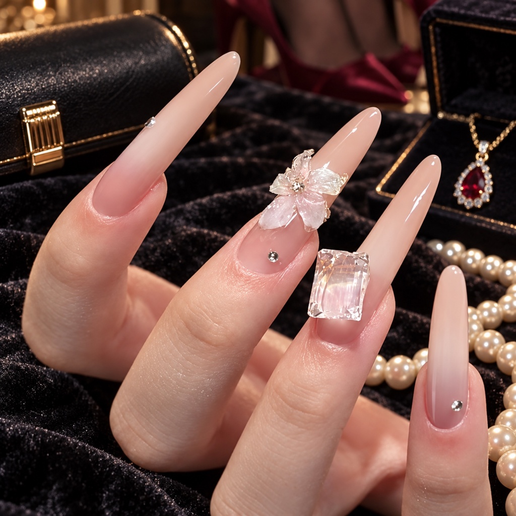 3D Floral Long Stiletto Press-On Nails — product view 3