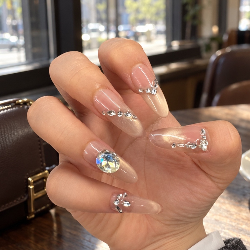 Blue Crystal French Tip Long Press-On Nails — product view 3
