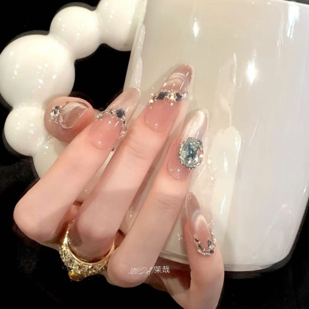 Blue Crystal French Tip Long Press-On Nails — product view 4
