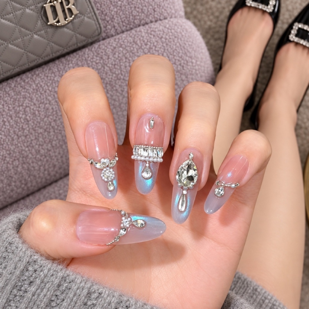 Cat Eye French Tip Blue Press-On Nails — product view 4