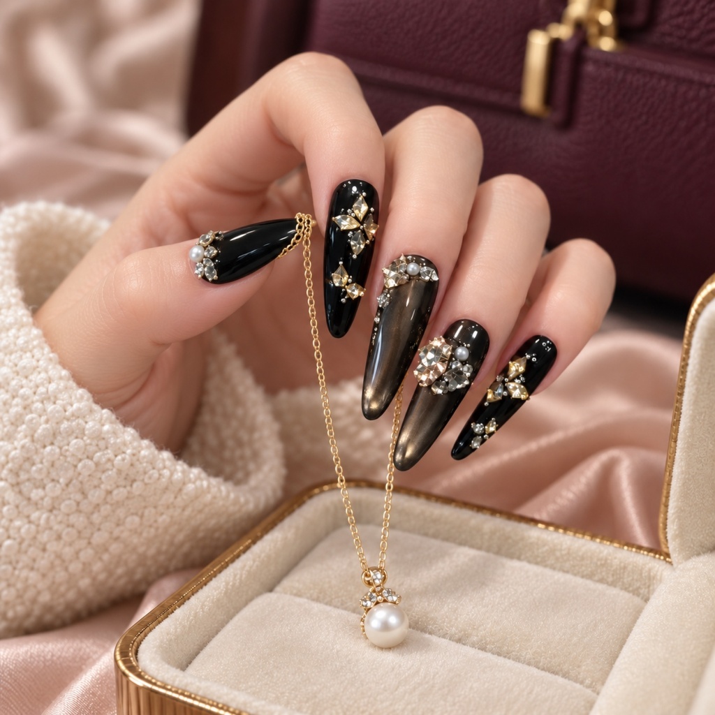 Crystal Cat Eye Black & Gold Press-On Nails — product view 4