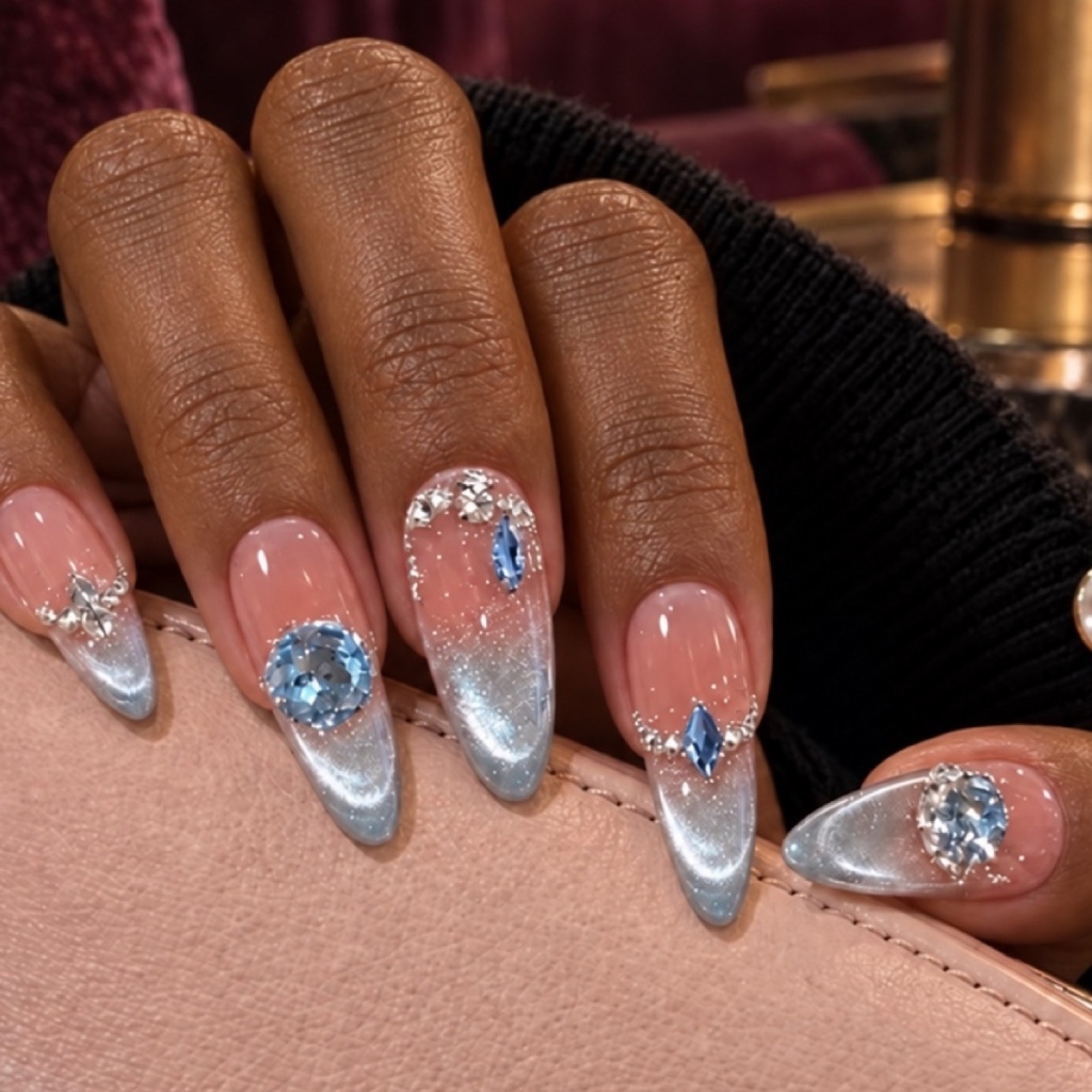 Crystal French Tip Blue Press-On Nails — product view 3