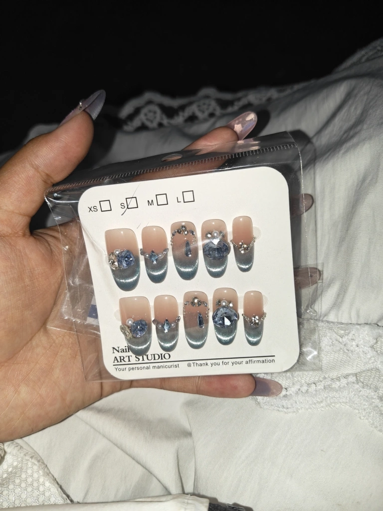 Crystal French Tip Blue Press-On Nails — customer review photo