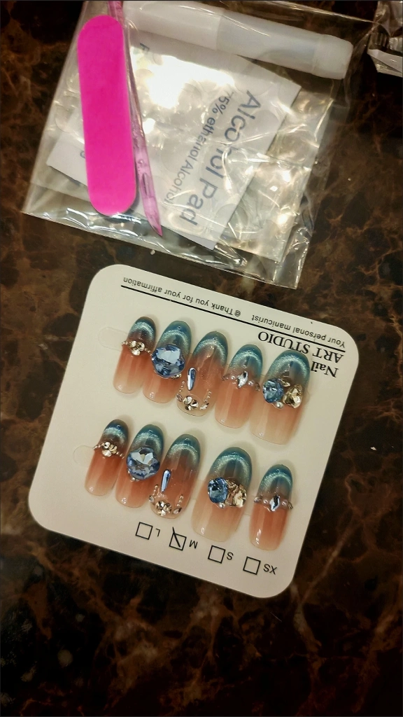 Crystal French Tip Blue Press-On Nails — customer review photo