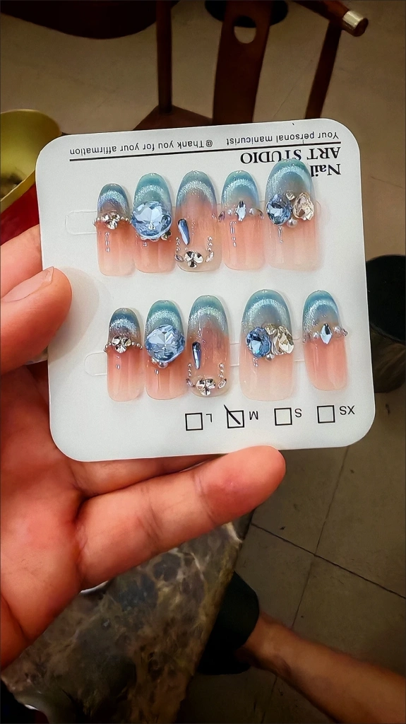 Crystal French Tip Blue Press-On Nails — customer review photo
