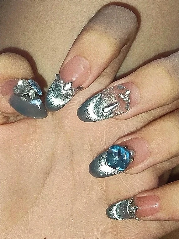 Crystal French Tip Blue Press-On Nails — customer review photo