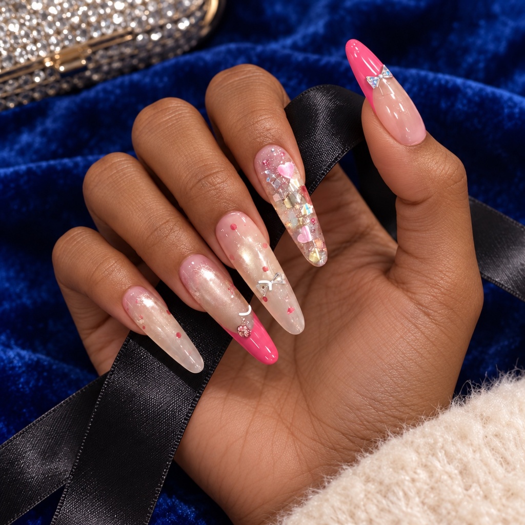 French Tip Bow Long Press-On Nails — product view 4