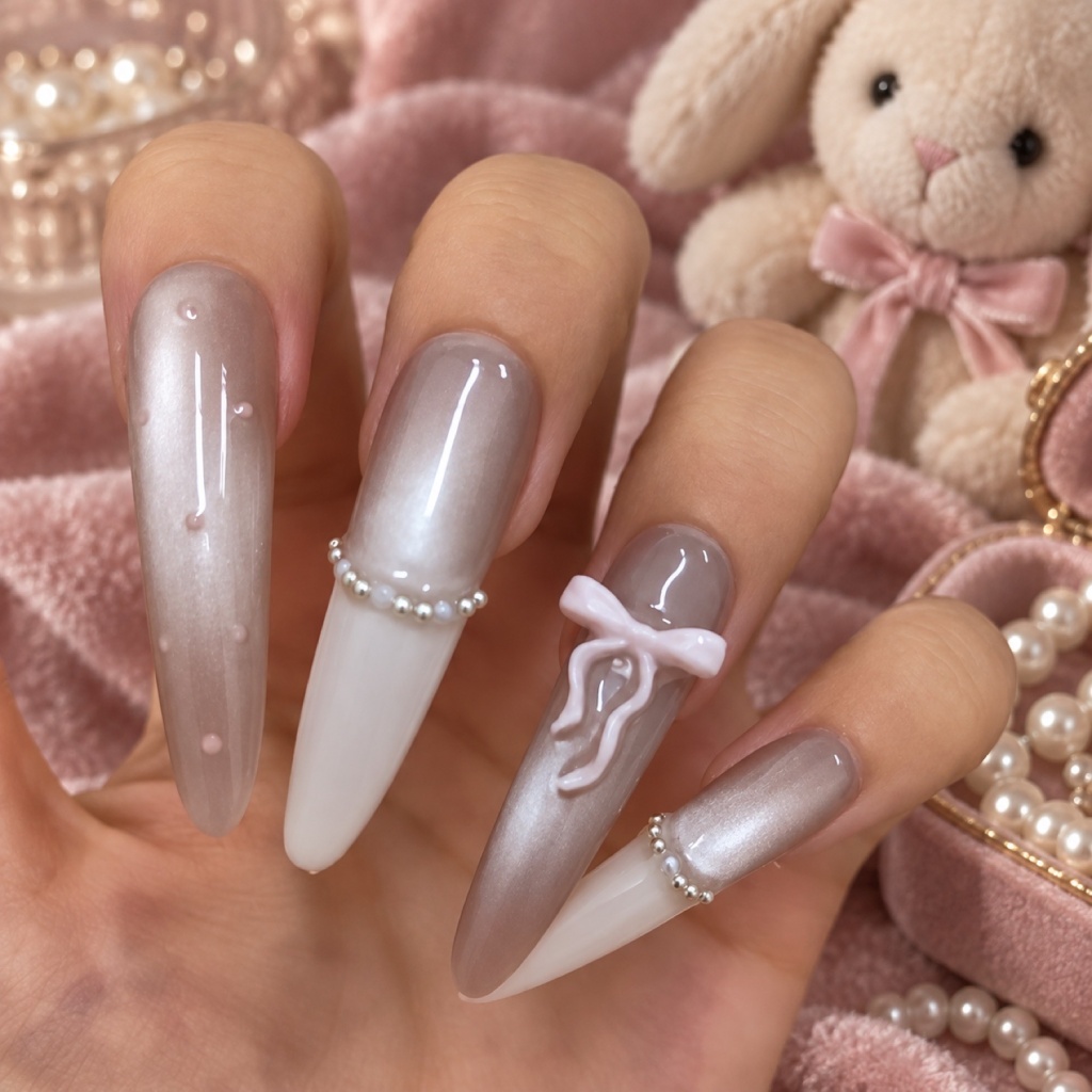 French Tip Chrome Bow Press-On Nails — product view 3