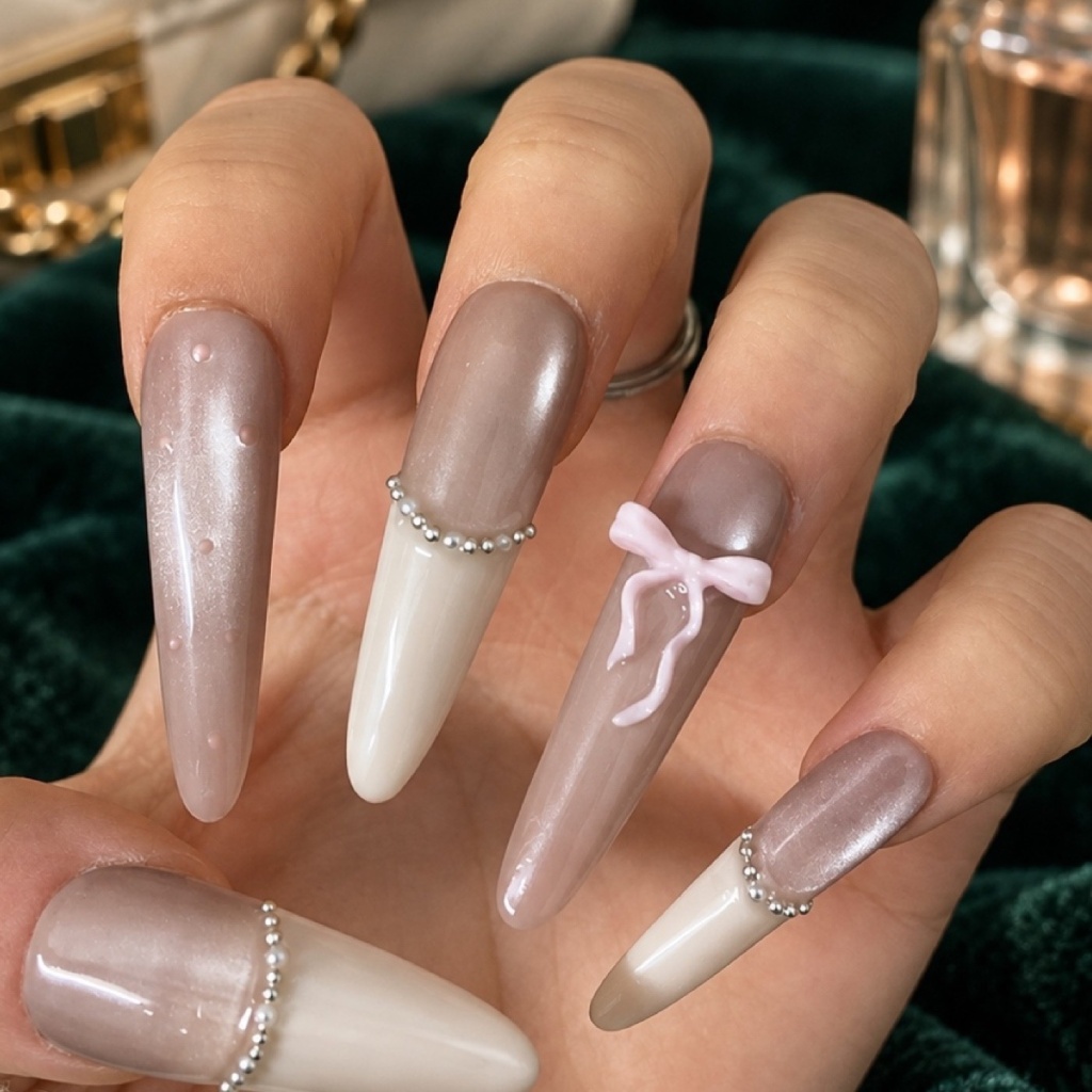 French Tip Chrome Bow Press-On Nails — product view 4