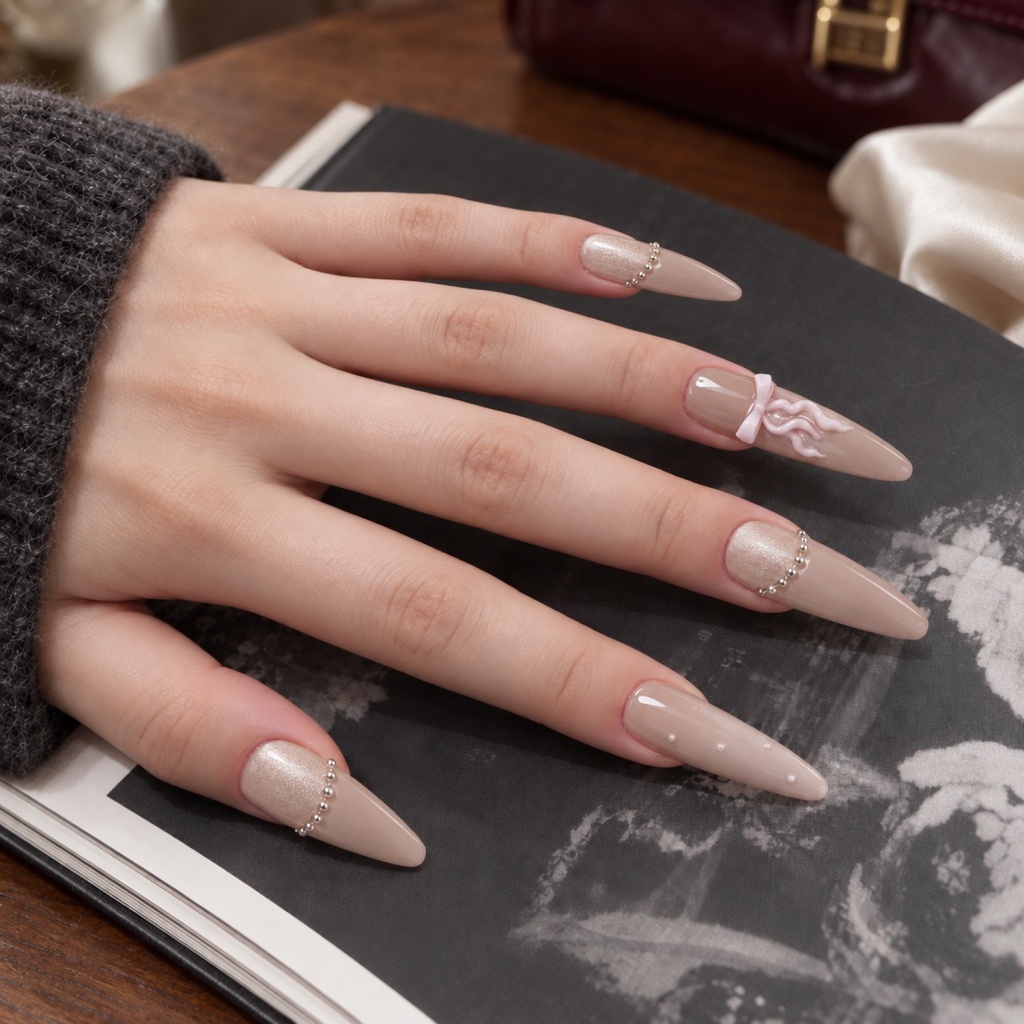 French Tip Chrome Bow Press-On Nails — product view 5