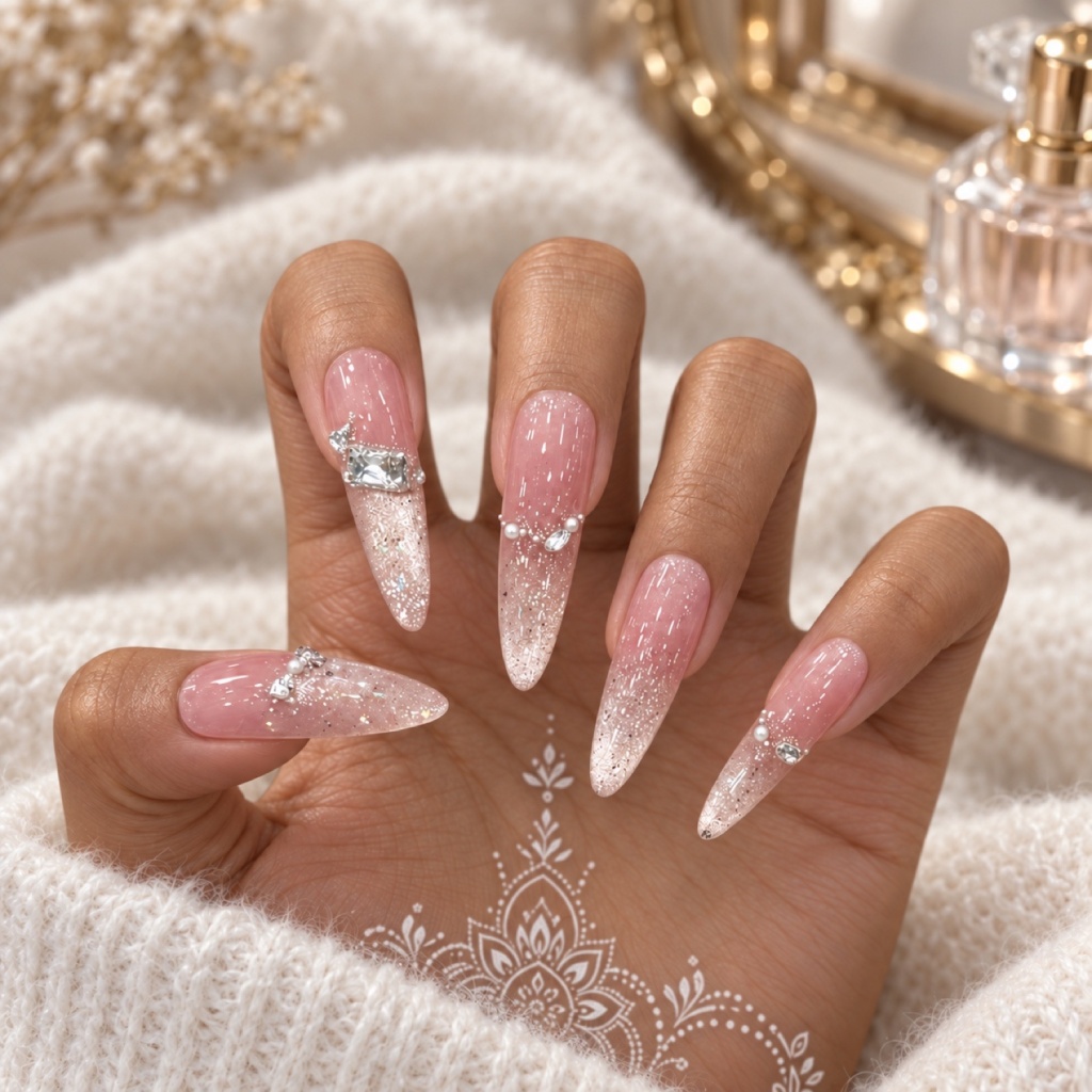 French Tip Glitter Stiletto Press-On Nails — product view 1