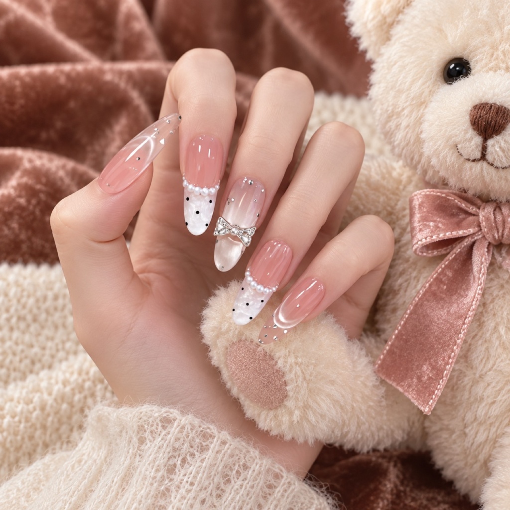 French Tip Polka Dot Bow Press-On Nails — product view 4