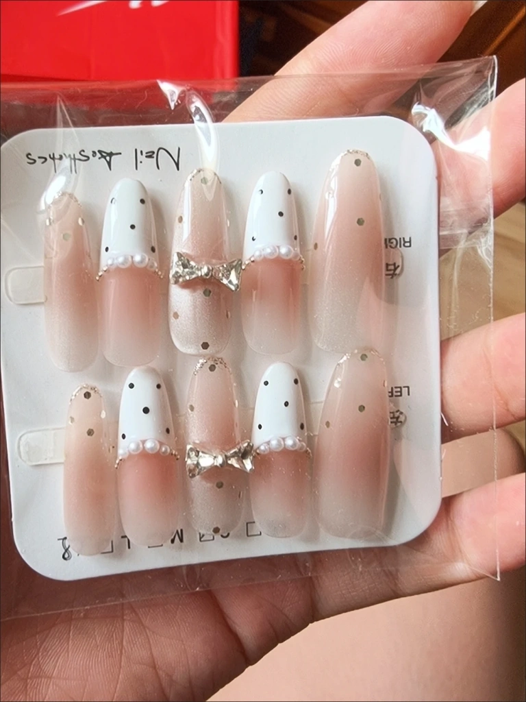 French Tip Polka Dot Bow Press-On Nails — customer review photo