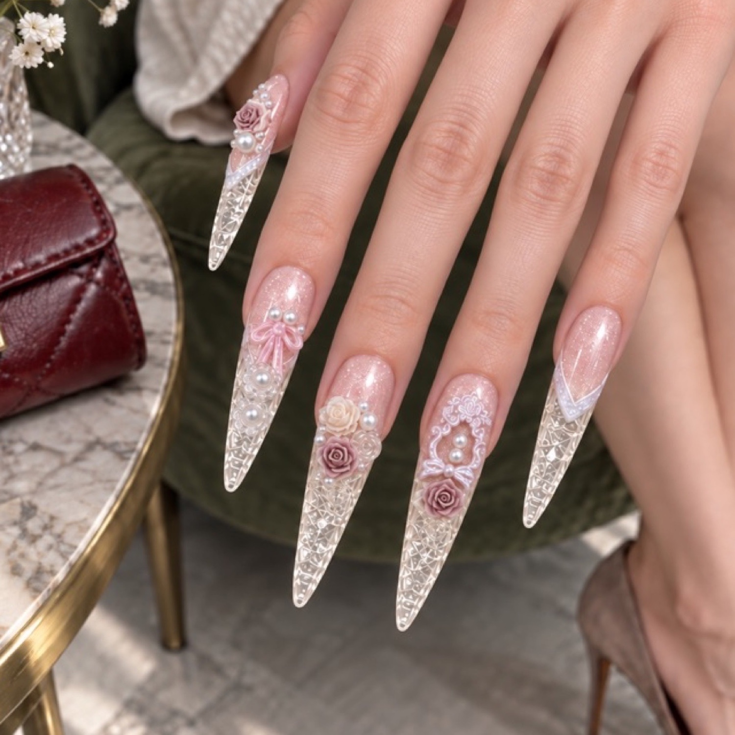 Glitter Pearl Rose Press-On Nails — product view 3