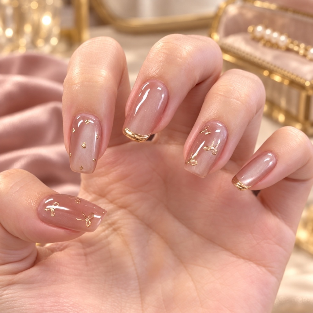 Gold French Tip Bow Medium Press-On Nails — product view 4