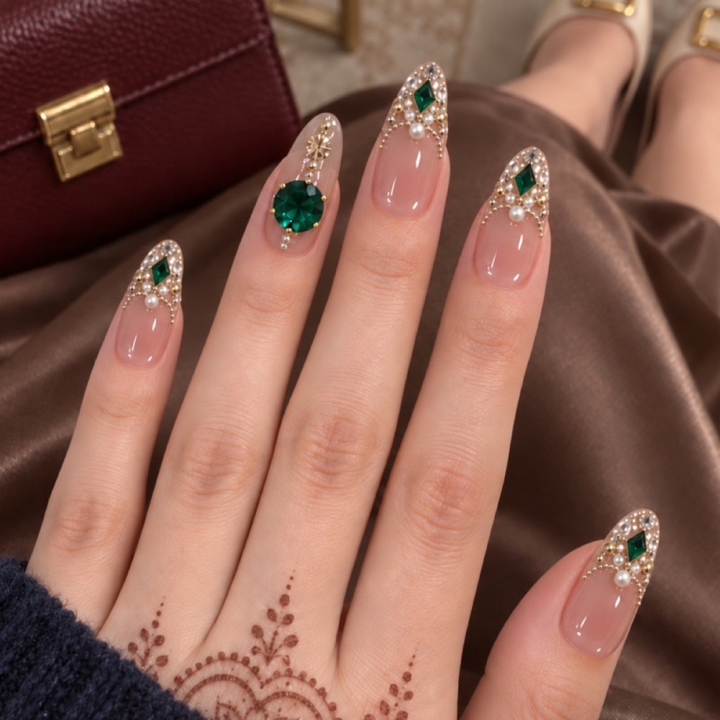 Green Crystal French Tip Medium Press-On Nails — product view 4