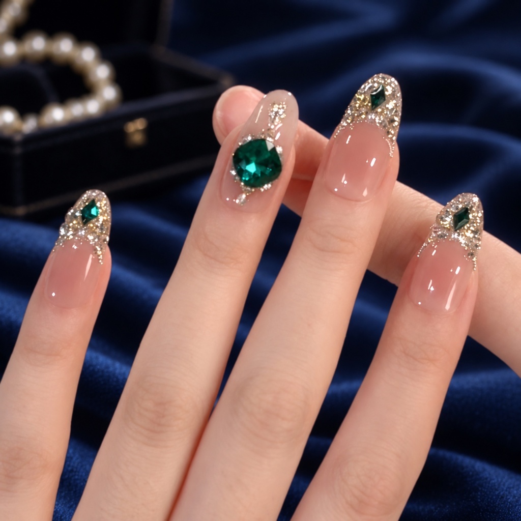 Green Crystal French Tip Medium Press-On Nails — product view 5