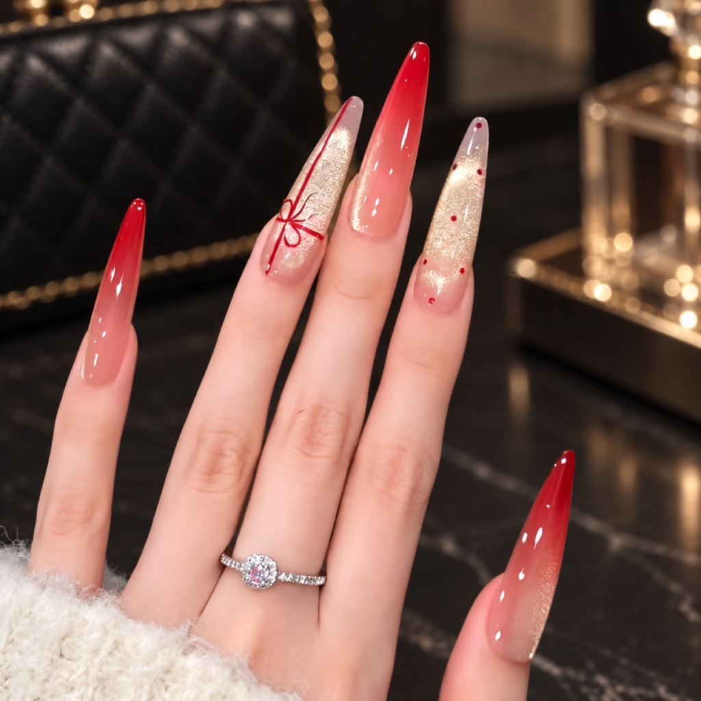 Ombre Bow Stiletto Press-On Nails — product view 1