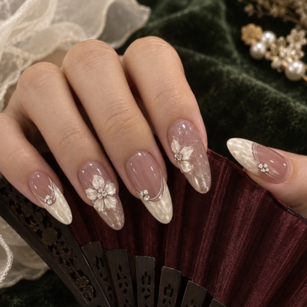 Rhinestone 3D Floral Iridescent Press-On Nails — product view 1
