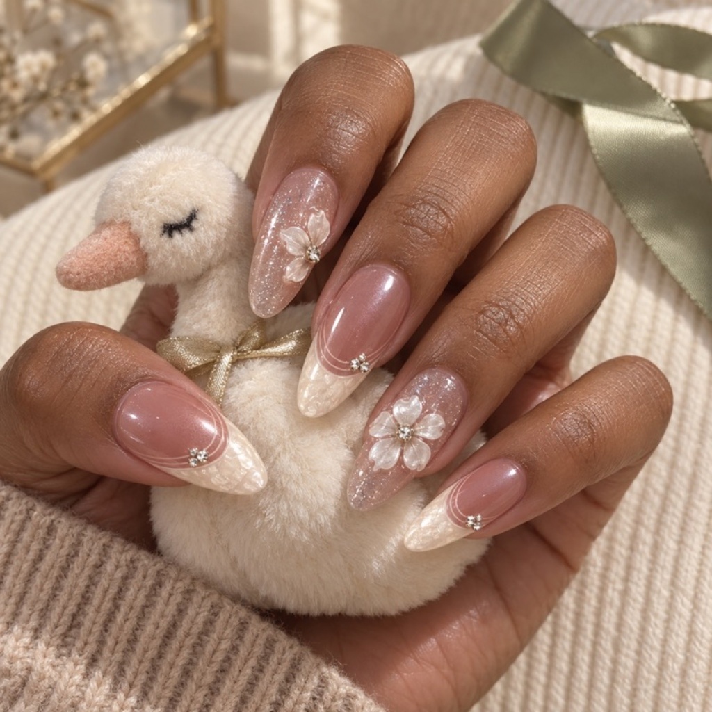 Rhinestone 3D Floral Iridescent Press-On Nails — product view 3