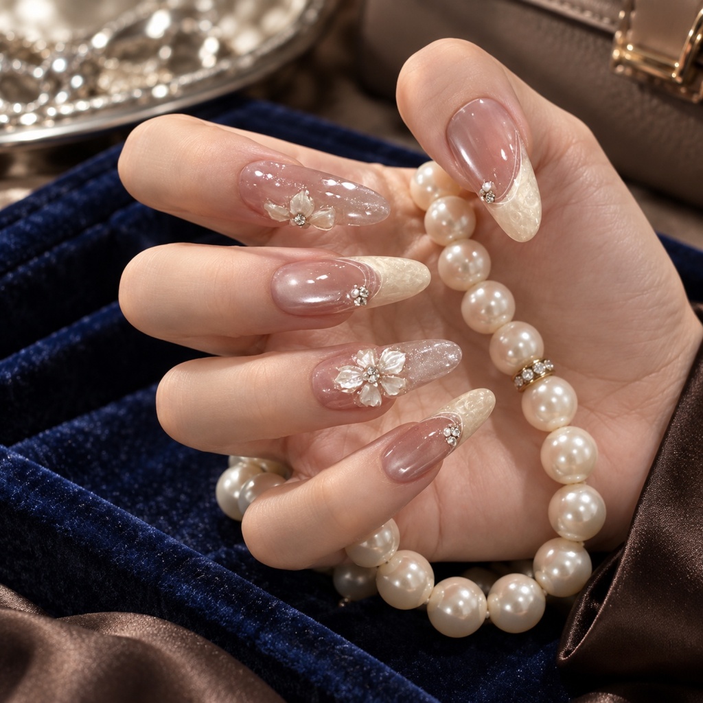 Rhinestone 3D Floral Iridescent Press-On Nails — product view 5