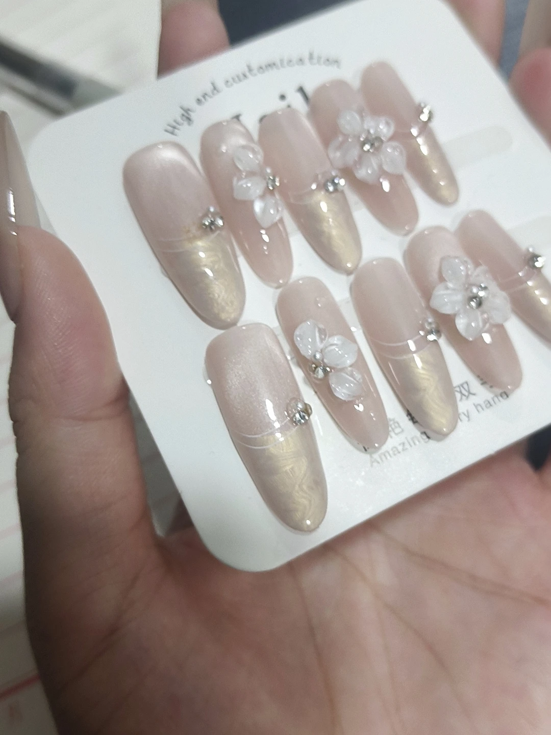 Rhinestone 3D Floral Iridescent Press-On Nails — customer review photo