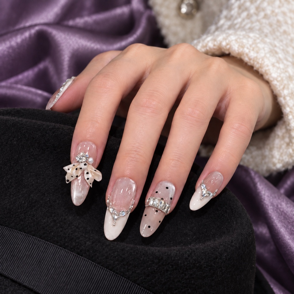 Rhinestone Bow Long Press-On Nails — product view 5