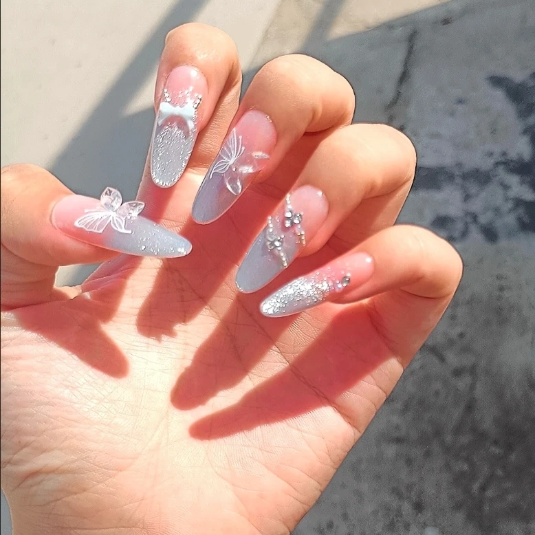 Rhinestone Cat Eye Blue & Green Press-On Nails — customer review photo