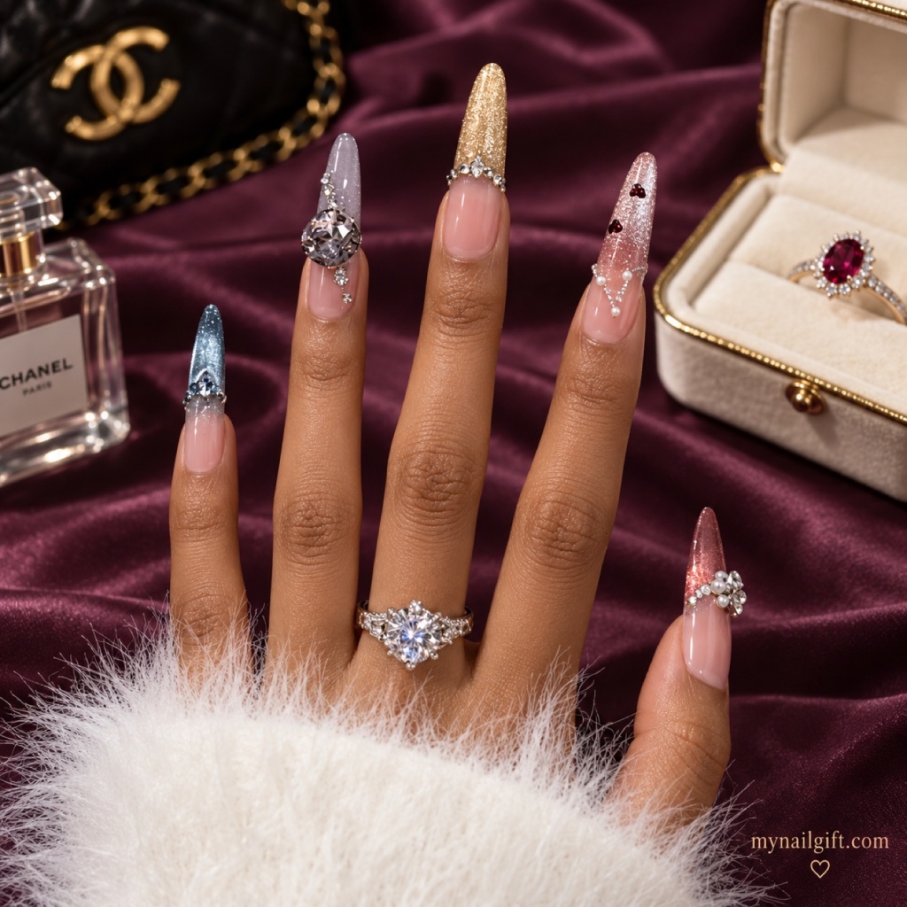 Rhinestone Cat Eye French Tip Press-On Nails — product view 3