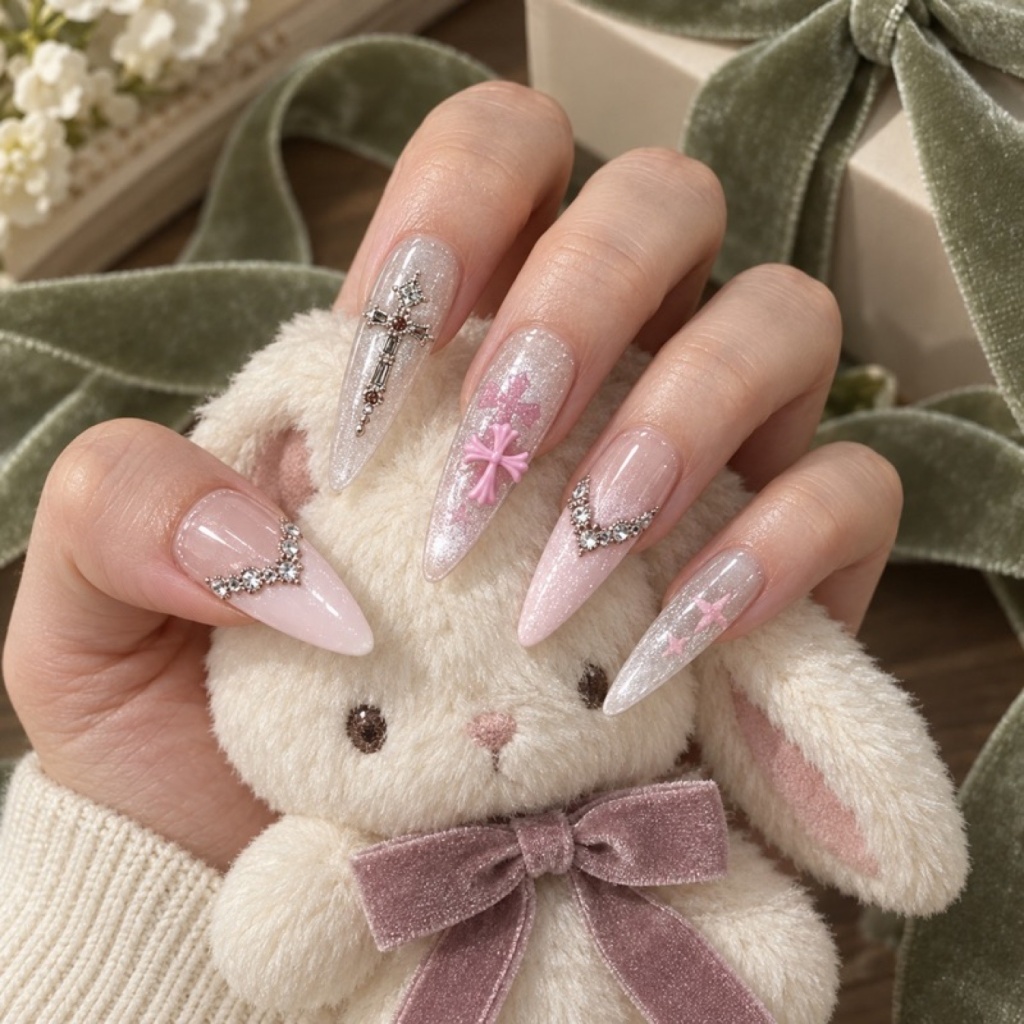 Rhinestone French Tip Cross Press-On Nails — product view 3