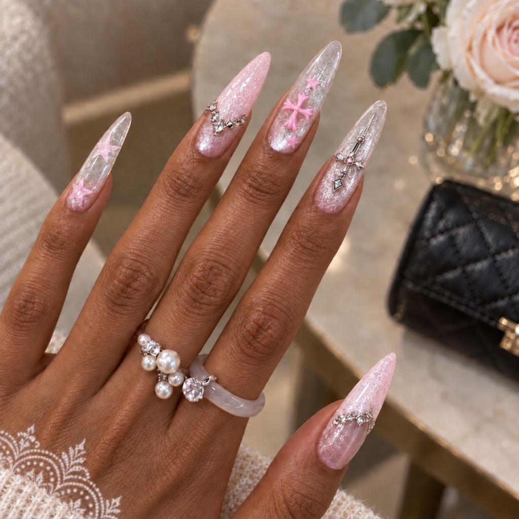 Rhinestone French Tip Cross Press-On Nails — product view 4
