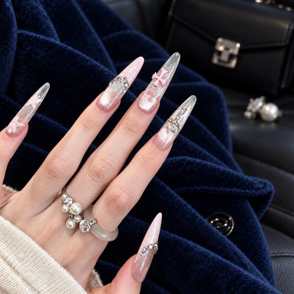 Rhinestone French Tip Cross Press-On Nails — product view 5