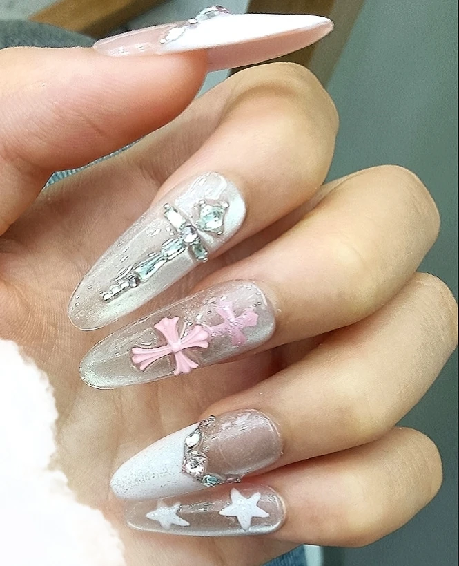 Rhinestone French Tip Cross Press-On Nails — customer review photo