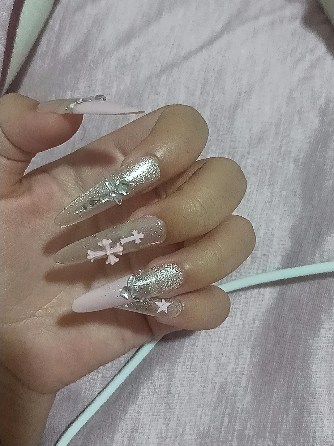 Rhinestone French Tip Cross Press-On Nails — customer review photo
