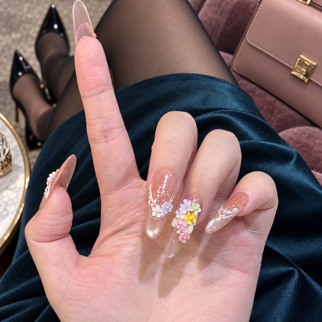 Rhinestone French Tip Floral Press-On Nails — product view 3