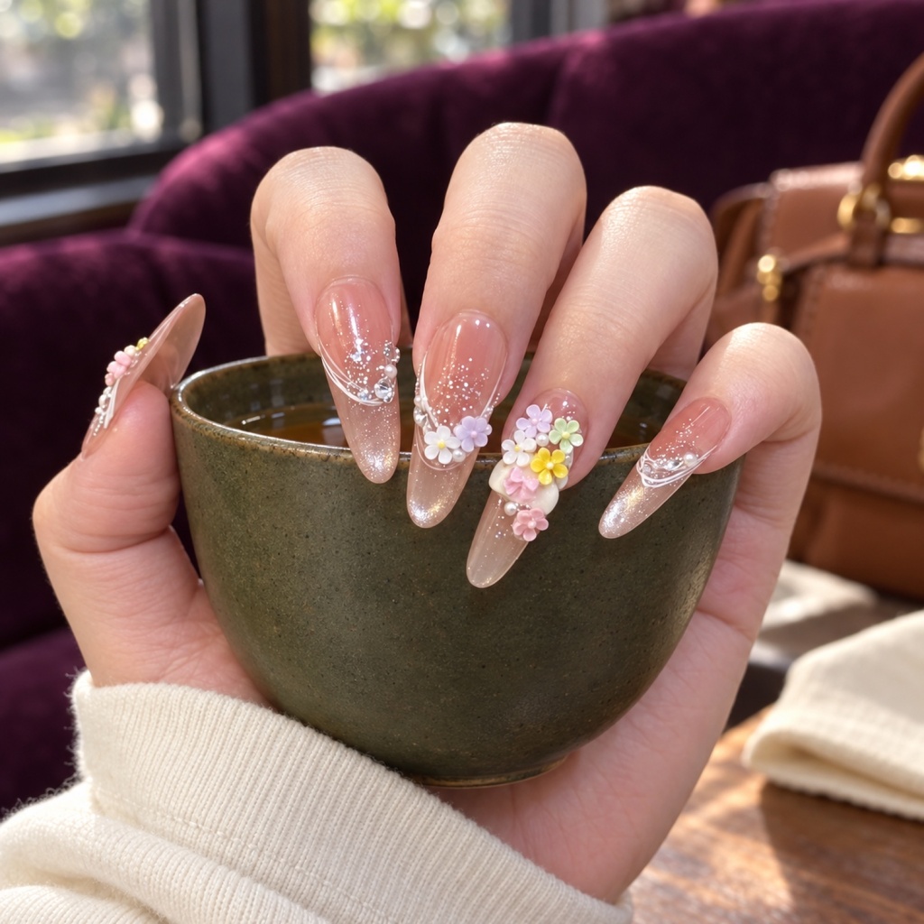 Rhinestone French Tip Floral Press-On Nails — product view 5