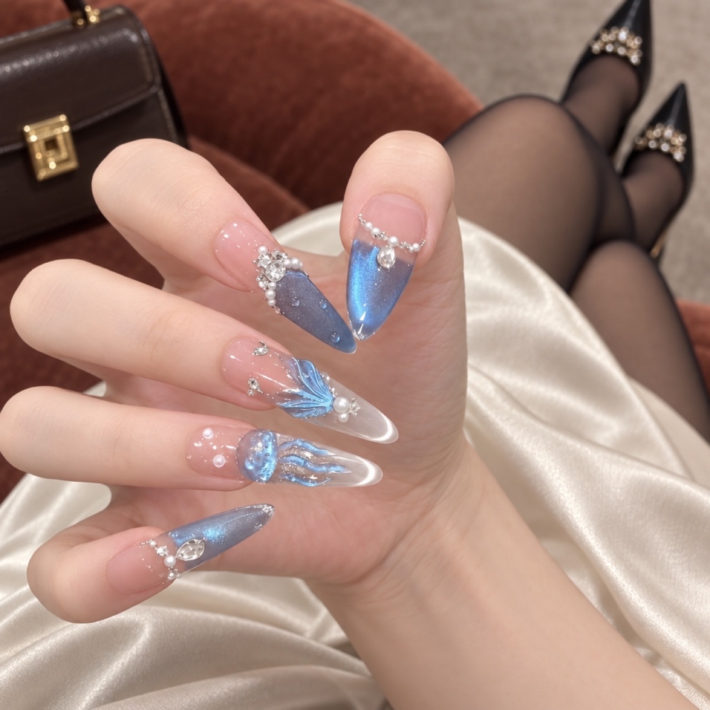 Rhinestone French Tip Iridescent Press-On Nails — product view 3