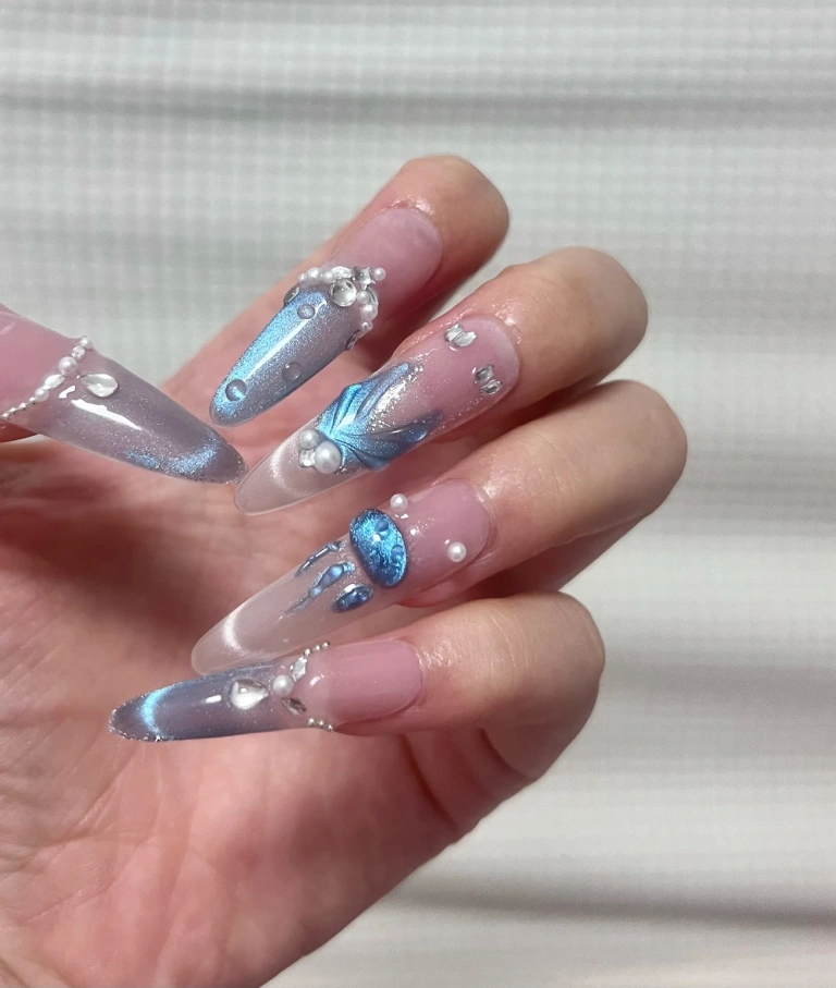 Review photo for Blue Iridescent French Tip Long Press-On Nails