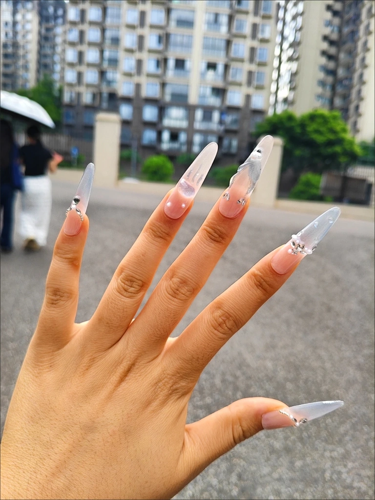 Rhinestone French Tip Iridescent Press-On Nails — customer review photo