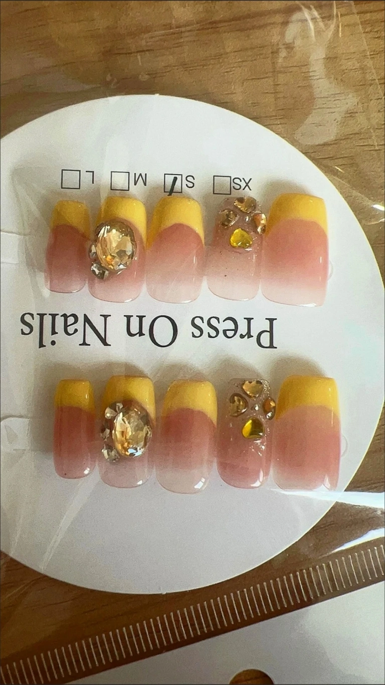 Review photo for Yellow Rhinestone French Tip Medium-Length Square Press-On Nails